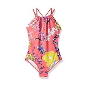 NWT Kanu Surf Coral Pink Floral Print 1pc Swimsuit sz 4 Girls Swimwear